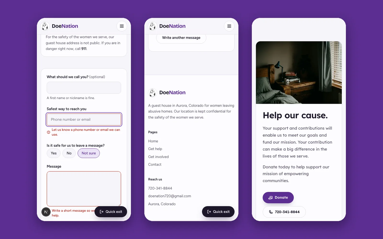 Three phone screens: the contact form with inline errors, the sent message, and the donate page