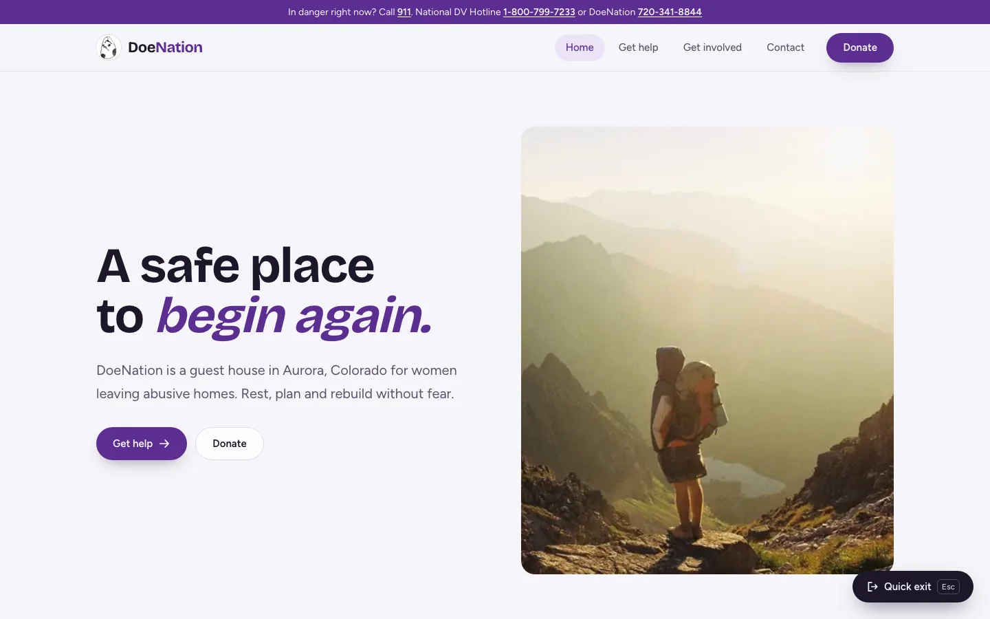 Desktop home page with the crisis line bar and the headline “A safe place to begin again.”