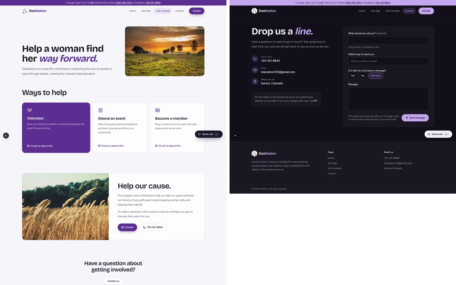 The Get involved page beside the Contact page in dark mode