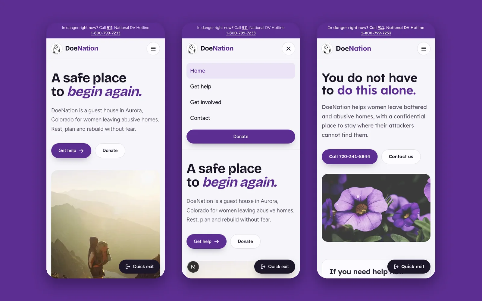 Three phone screens: the home page, the open menu, and the Get help page