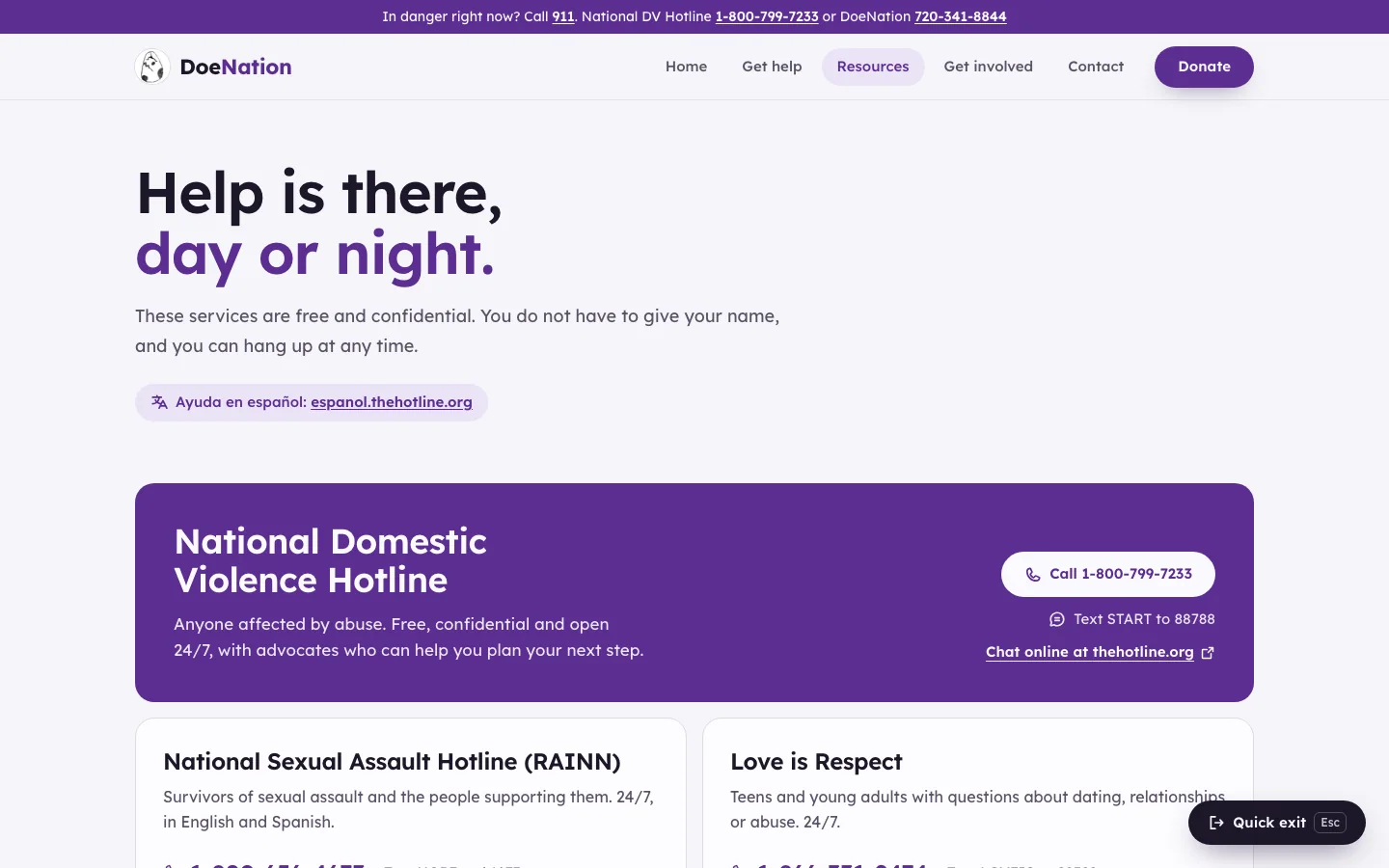 The resources page: “Help is there, day or night.”